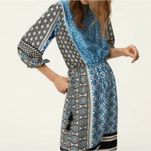 "LOFT" MULTI-COLOR MEDALLION CASUAL BLOUSON BOHO DRESS SIZE: SP NWT - Picture 2 of 6
